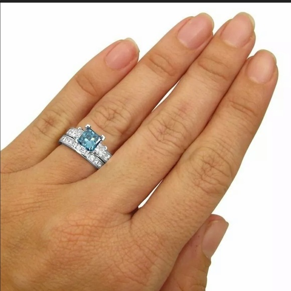 New Princess Cut Aquamarine  Set 925 Silver Ring - Picture 4 of 7